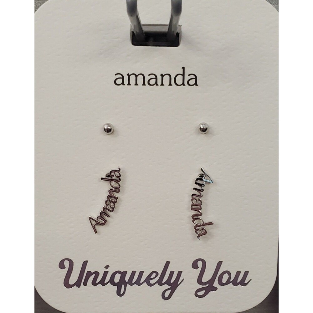 NEW 'AMANDA' Personalized Name Earrings + 1 Pair Studs Silver Tone Uniquely You